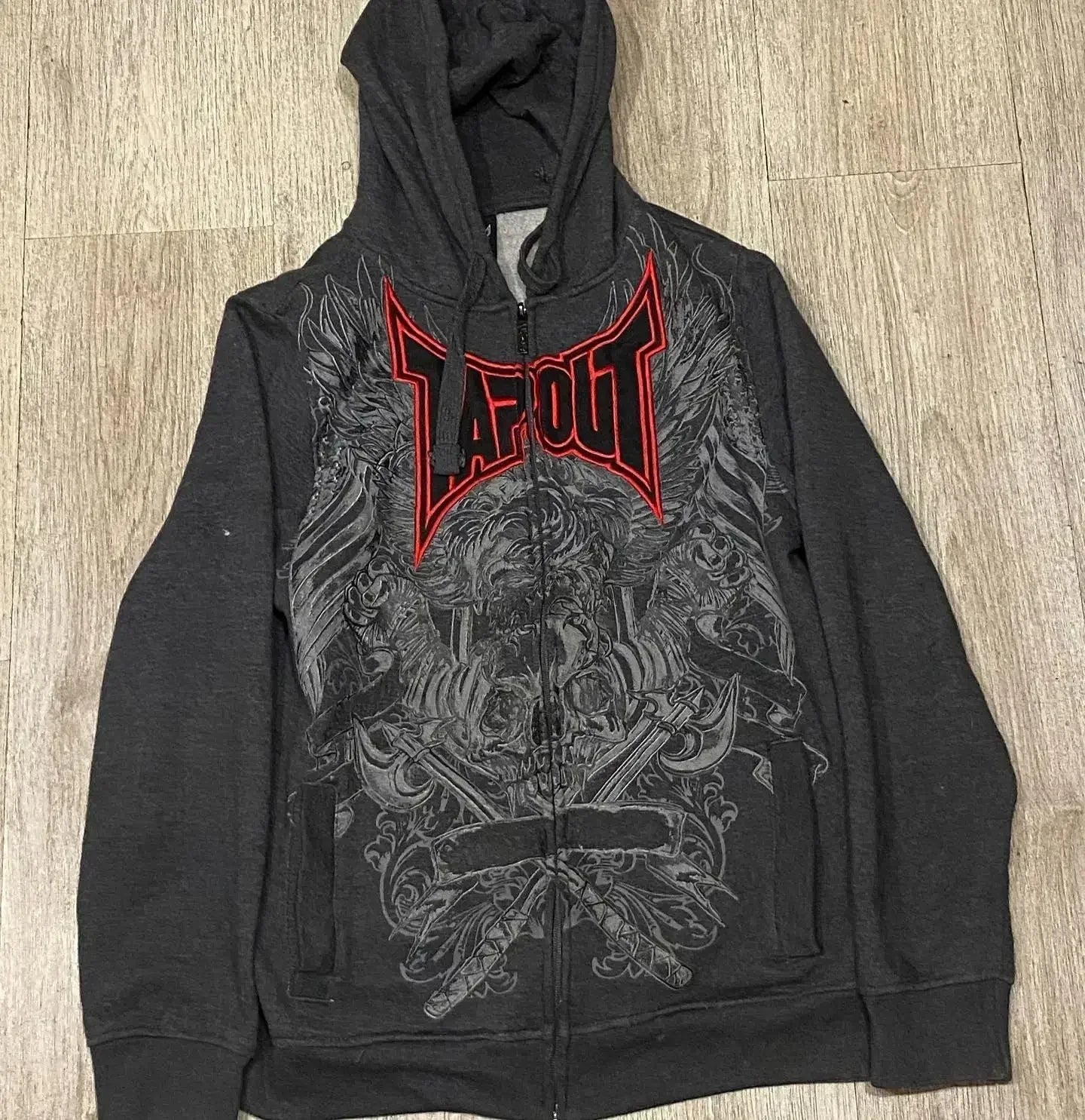 Y2K Cyber Grunge Zip-Up Hoodie – Vintage Graphic KPop Gothic Sweatshirt for Women
