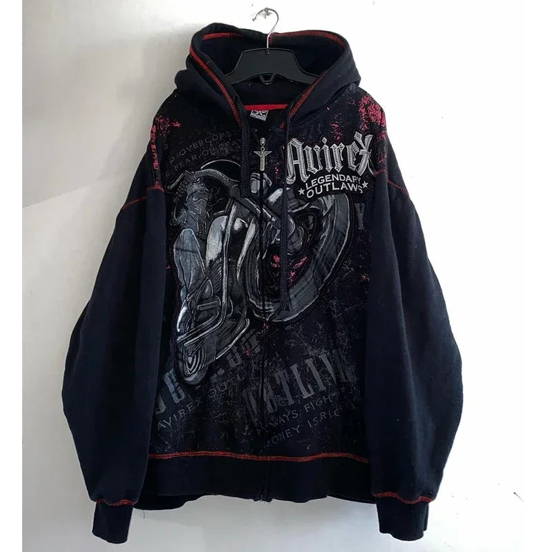 Y2K Cyber Grunge Zip-Up Hoodie – Vintage Graphic KPop Gothic Sweatshirt for Women
