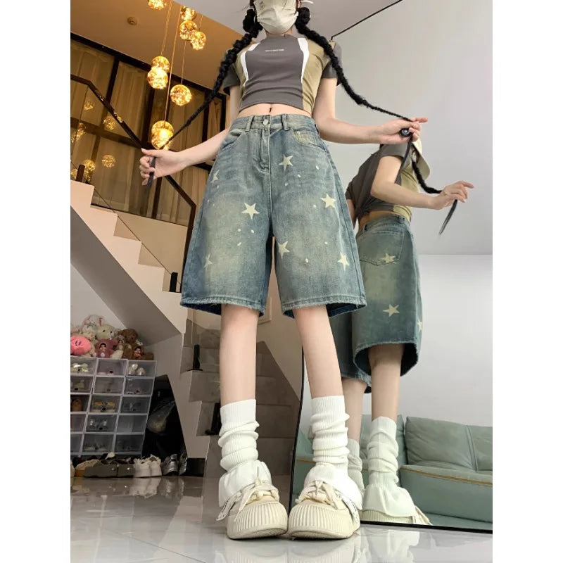 Y2K Floral Star Print Wide Leg Denim Shorts – Retro American Streetwear Jeans for Women - Gelubina