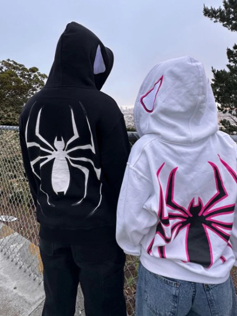 Sudadera con capucha de araña Y2K para mujer y hombre, chaqueta de manga larga con cremallera, estilo hip hop, abrigos gráficos punk, Harajuku, informal, holgada, con capucha