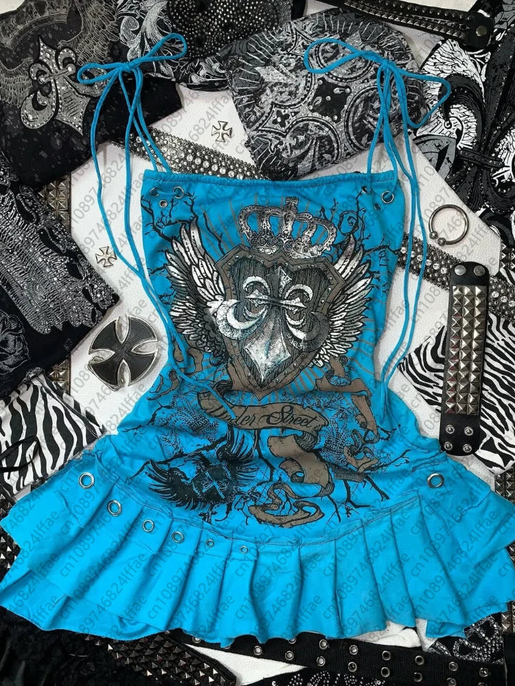 Y2K Gothic Bow Camisole Mini Dress – Slim A-Line Spaghetti Strap Dress for Women
