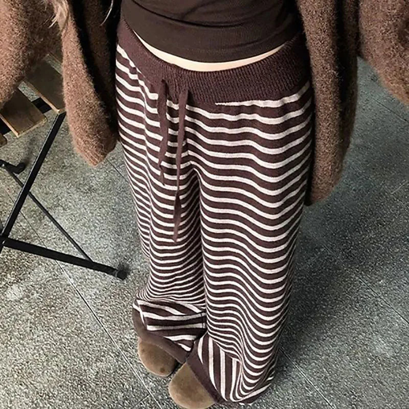 Harajuku Contrast Stripe Wide Leg Trousers – Y2K Aesthetic Knit Straight Pants for Women