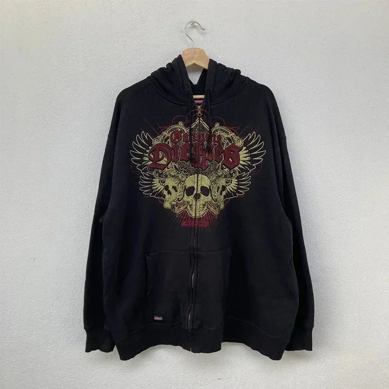 Y2K Cyber Grunge Zip-Up Hoodie – Vintage Graphic KPop Gothic Sweatshirt for Women