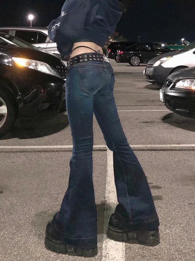 Y2K Low Rise Bootcut Jeans – Wide Leg Deep Blue Streetwear Denim for Women