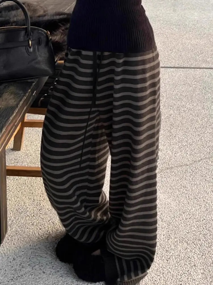 Harajuku Contrast Stripe Wide Leg Trousers – Y2K Aesthetic Knit Straight Pants for Women