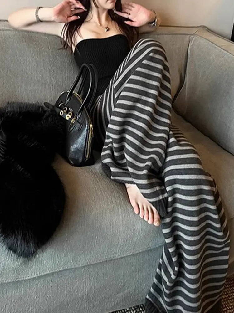 Harajuku Contrast Stripe Wide Leg Trousers – Y2K Aesthetic Knit Straight Pants for Women