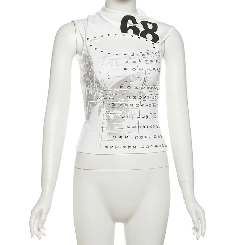 Letter Print Hollow-Out Skinny Vest – Off-Shoulder Streetwear Tank Top for Women