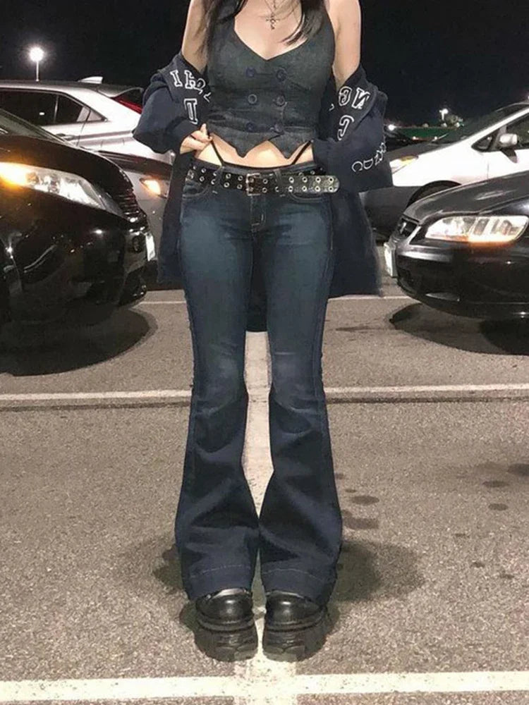 Y2K Low Rise Bootcut Jeans – Wide Leg Deep Blue Streetwear Denim for Women
