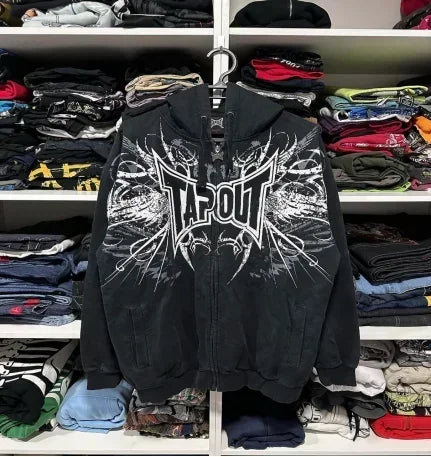 Y2K Cyber Grunge Zip-Up Hoodie – Vintage Graphic KPop Gothic Sweatshirt for Women
