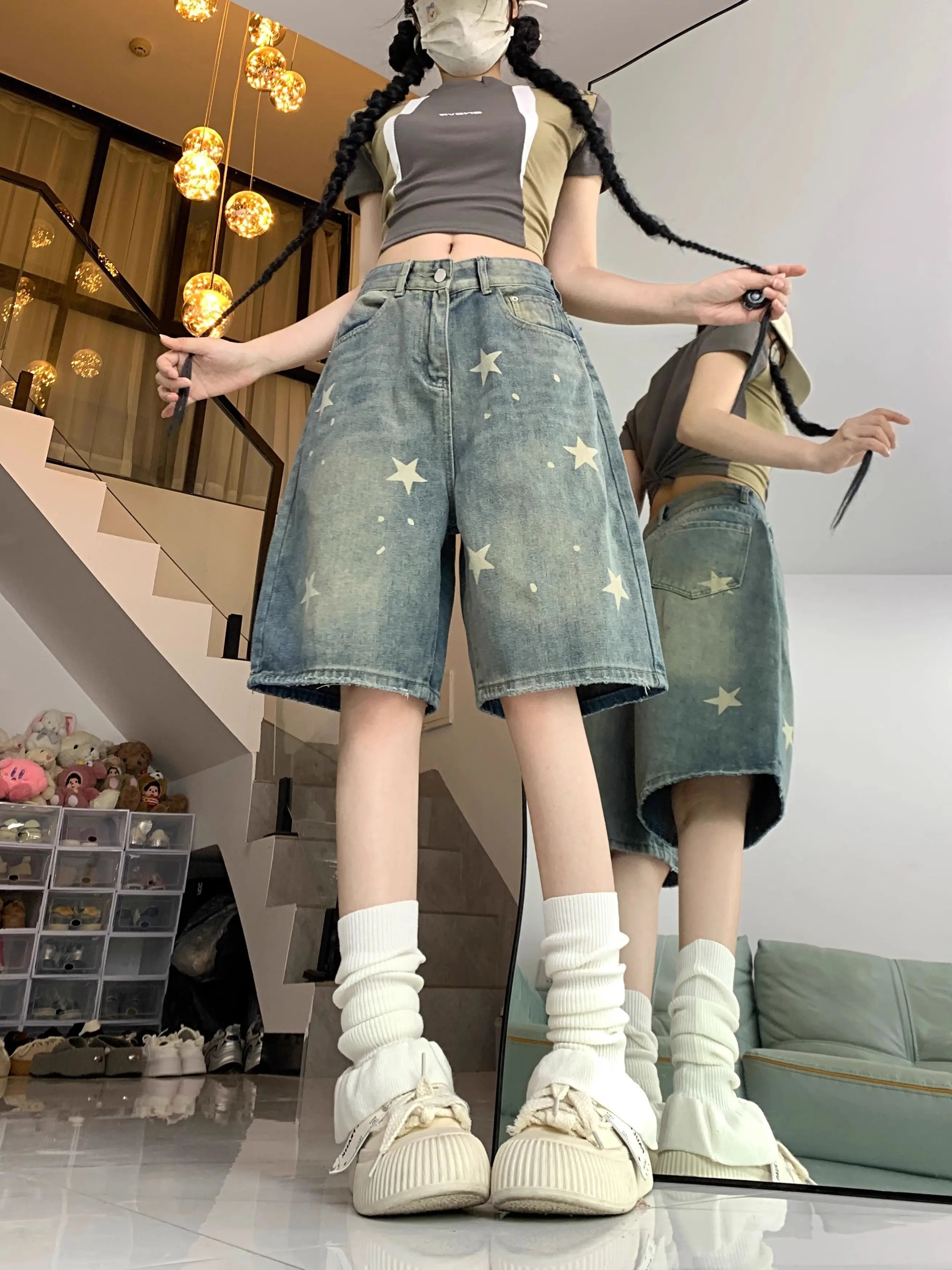 Y2K Floral Star Print Wide Leg Denim Shorts – Retro American Streetwear Jeans for Women - Gelubina