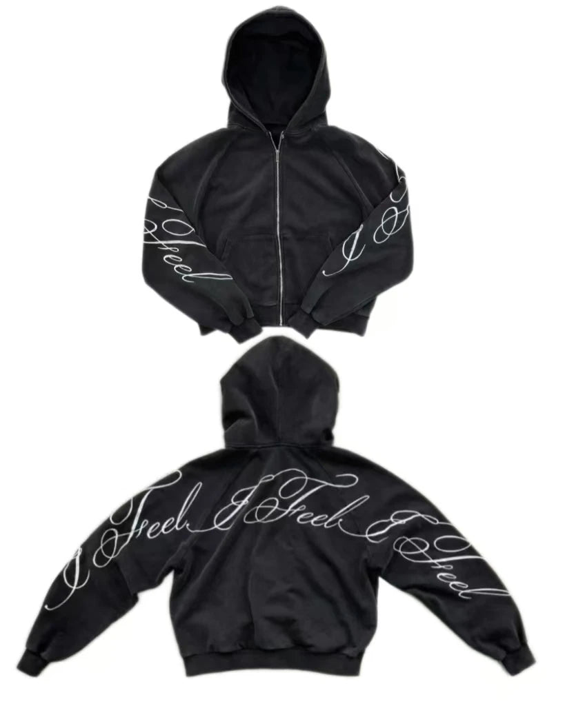 Sudadera con capucha y cremallera extragrande con estampado de letras góticas Y2K – Sudadera Harajuku Punk lavada para mujer y hombre
