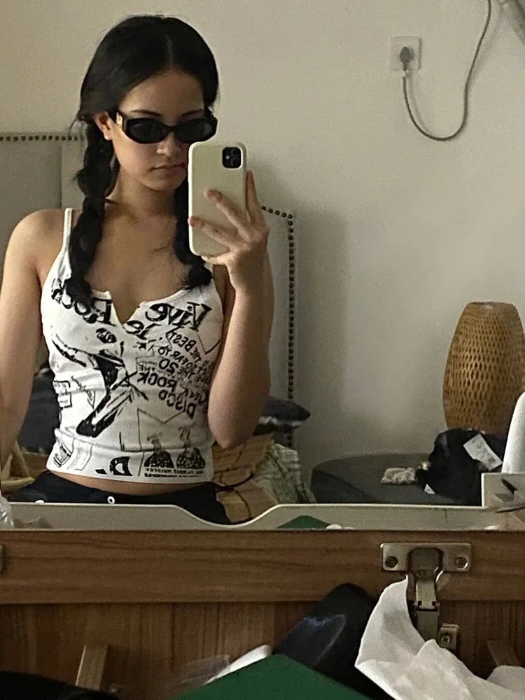 Top de tirantes de punto acanalado sin mangas con estampado punk E-Girl Y2K para mujer, ombliguera de los 2000, estilo hada grunge, camiseta hippie de los 90, moda coreana