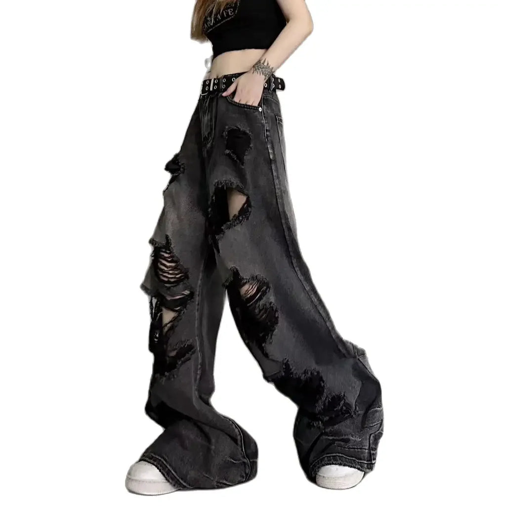 Vintage High Waist Ripped Wide Leg Jeans – Y2K Streetwear Straight Denim for Women