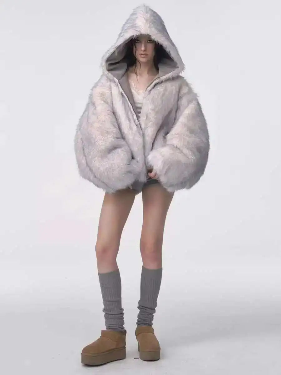 Oversized Plush Fur Coat – Gothic Harajuku Padded Hooded Winter Jacket for Women