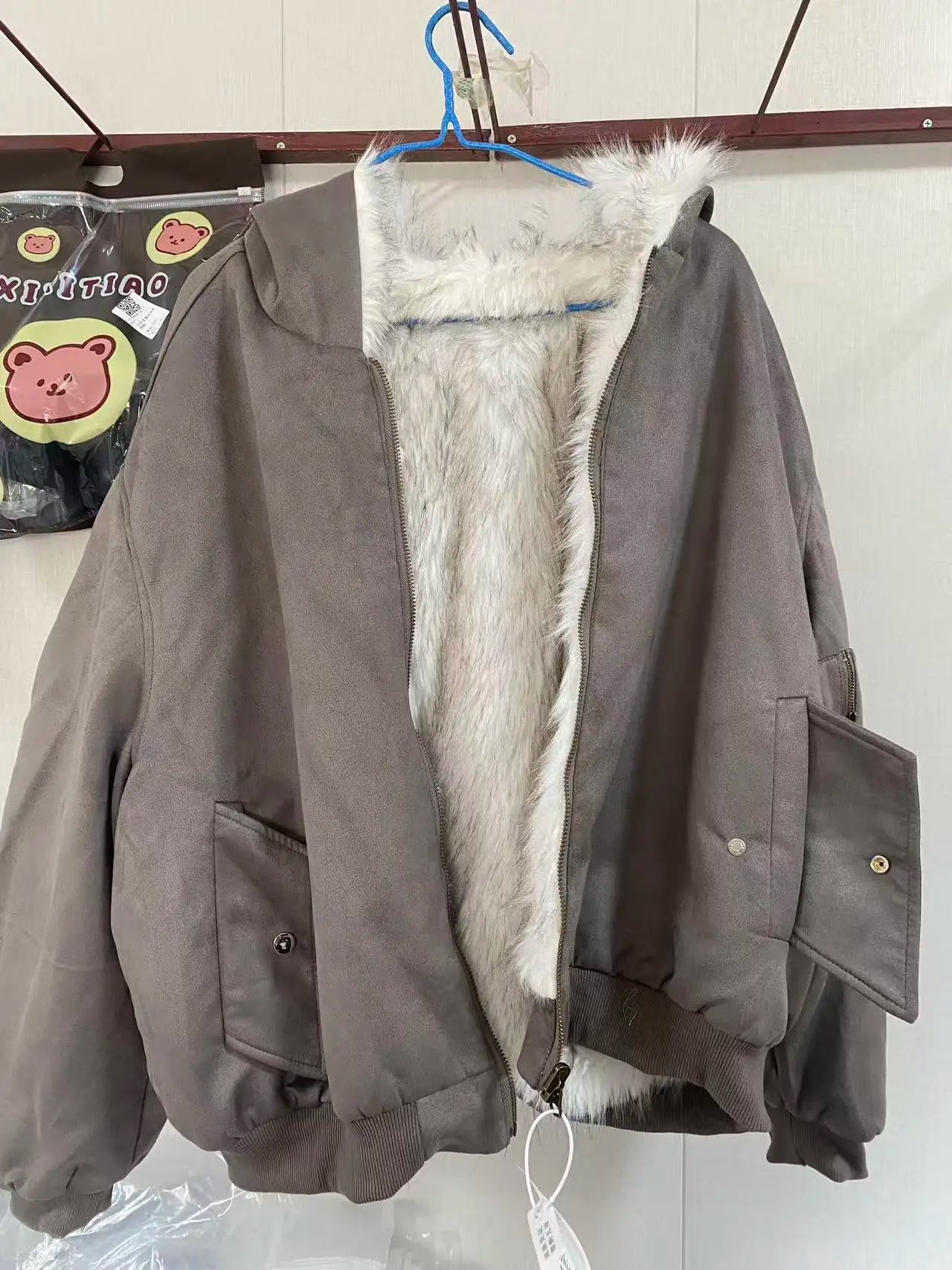 Oversized Plush Fur Coat – Gothic Harajuku Padded Hooded Winter Jacket for Women