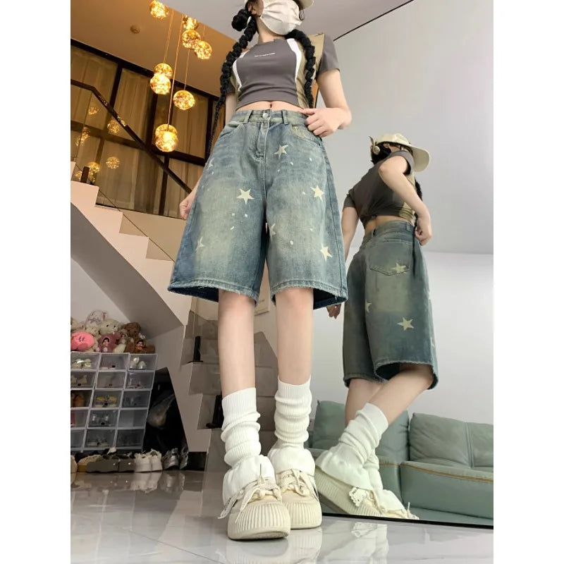 Y2K Floral Star Print Wide Leg Denim Shorts – Retro American Streetwear Jeans for Women - Gelubina