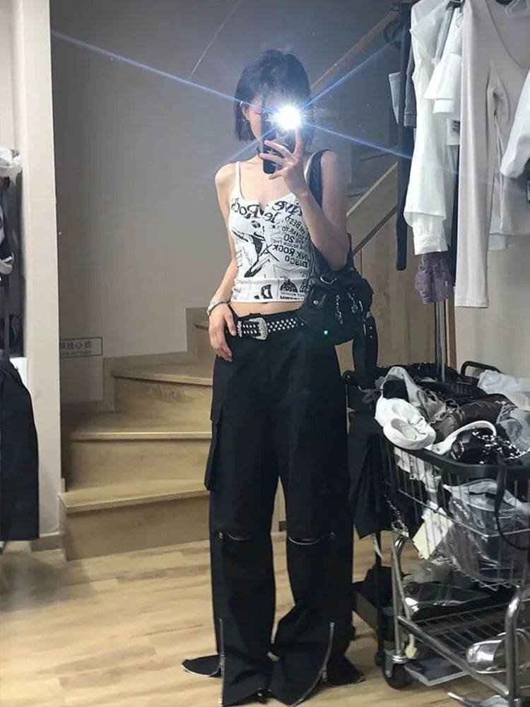 Top de tirantes de punto acanalado sin mangas con estampado punk E-Girl Y2K para mujer, ombliguera de los 2000, estilo hada grunge, camiseta hippie de los 90, moda coreana