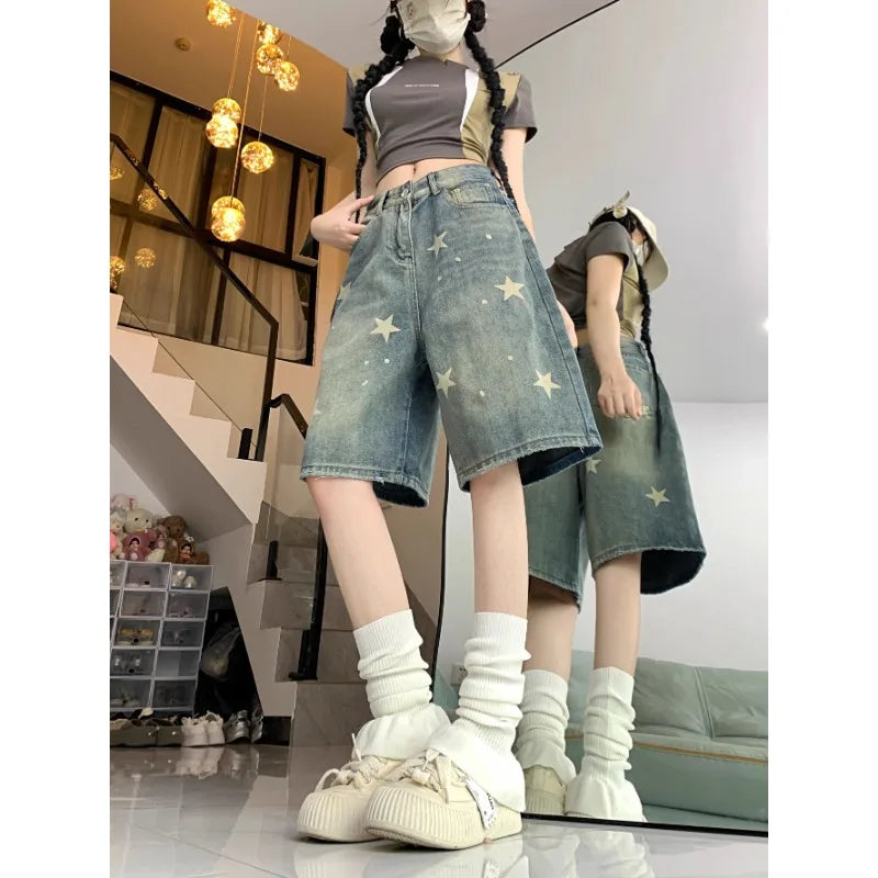 Y2K Floral Star Print Wide Leg Denim Shorts – Retro American Streetwear Jeans for Women - Gelubina