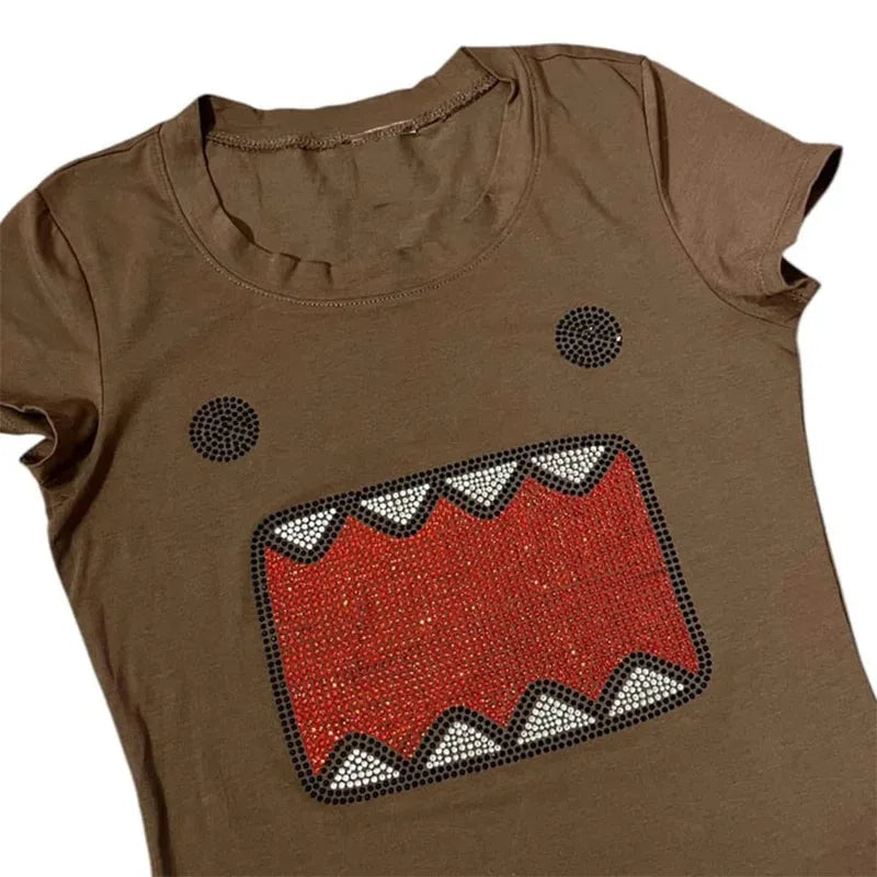 verano nueva mujer Y2K Chica Retro Hot Fix Diamantes de imitación Aplicación Cuello Redondo Top Camiseta Divertida Vintage Tama Jun Top