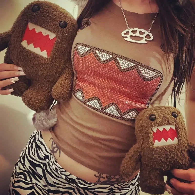 verano nueva mujer Y2K Chica Retro Hot Fix Diamantes de imitación Aplicación Cuello Redondo Top Camiseta Divertida Vintage Tama Jun Top