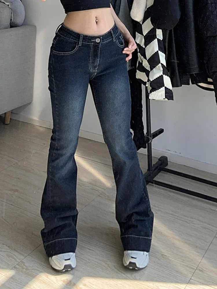 Y2K Low Rise Bootcut Jeans – Wide Leg Deep Blue Streetwear Denim for Women
