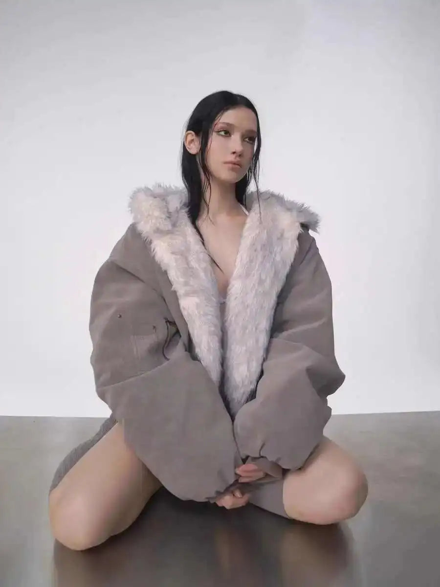 Oversized Plush Fur Coat – Gothic Harajuku Padded Hooded Winter Jacket for Women
