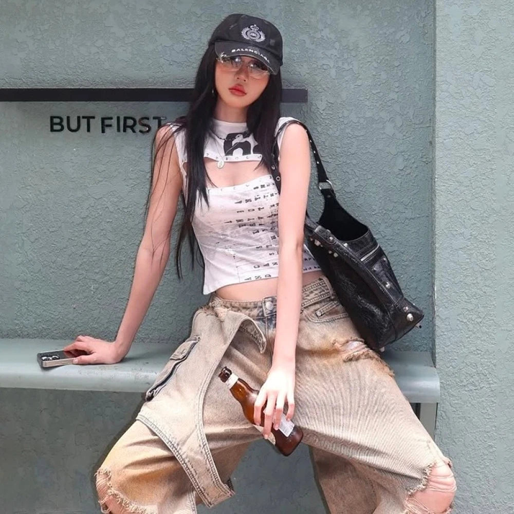 Chaleco ajustado calado con estampado de letras – Top sin mangas de estilo urbano con hombros descubiertos para mujer