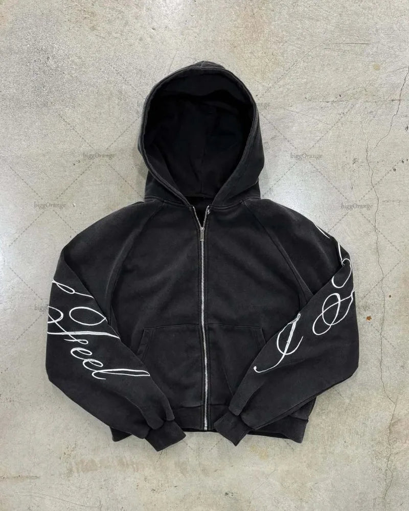Y2K Gothic Letter Print Oversized Zip Hoodie – Harajuku Punk Washed Sweatshirt for Women & Men