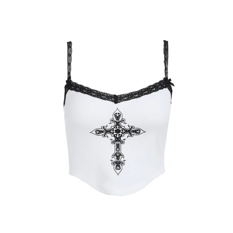 Y2K Lace Trim Printed Crop Tank Top – Sexy Slim Fit Hot Girl Summer Top for Women - Gelubina