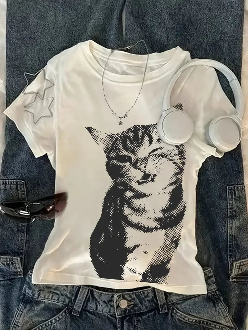 Harajuku Y2K Cat Print Oversized T-Shirt – Vintage Graphic Streetwear Tee for Women
