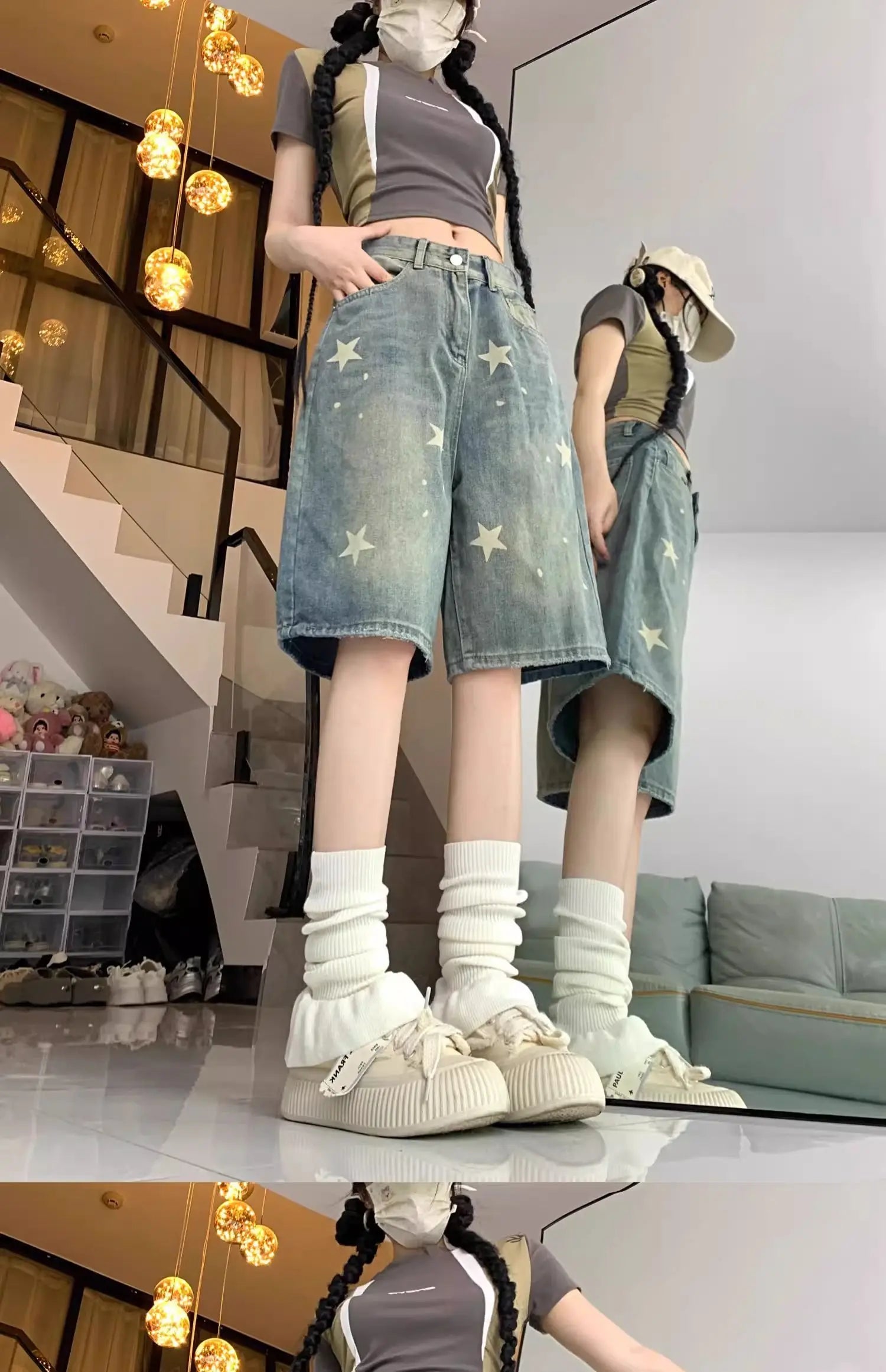 Y2K Floral Star Print Wide Leg Denim Shorts – Retro American Streetwear Jeans for Women - Gelubina