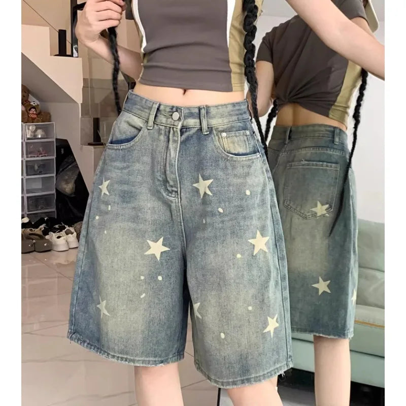 Y2K Floral Star Print Wide Leg Denim Shorts – Retro American Streetwear Jeans for Women - Gelubina