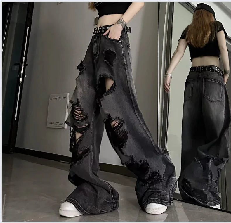Vintage High Waist Ripped Wide Leg Jeans – Y2K Streetwear Straight Denim for Women