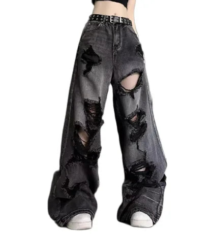 Vintage High Waist Ripped Wide Leg Jeans – Y2K Streetwear Straight Denim for Women