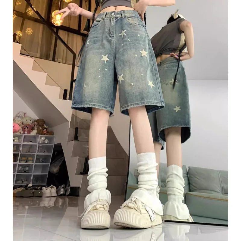 Y2K Floral Star Print Wide Leg Denim Shorts – Retro American Streetwear Jeans for Women - Gelubina