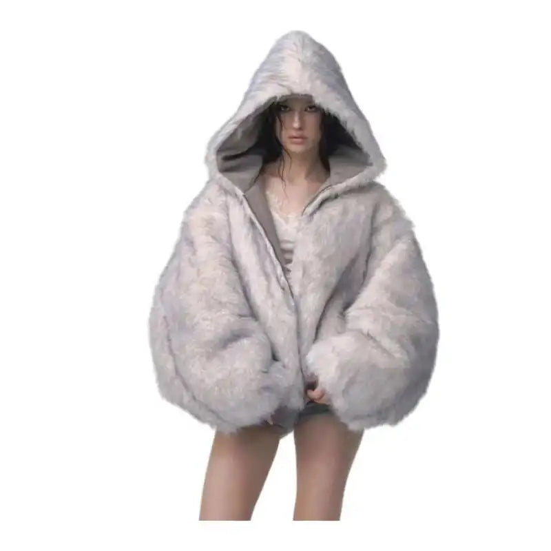 Oversized Plush Fur Coat – Gothic Harajuku Padded Hooded Winter Jacket for Women