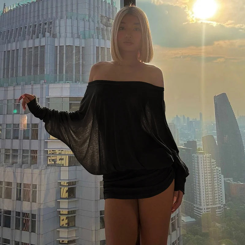 Asymmetric Slanted Shoulder Chiffon Top – Niche High Street Sexy Mini Top for Women