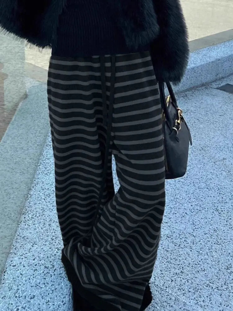Harajuku Contrast Stripe Wide Leg Trousers – Y2K Aesthetic Knit Straight Pants for Women
