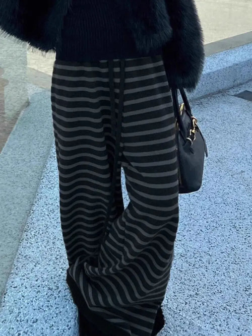 Harajuku Contrast Stripe Wide Leg Trousers – Y2K Aesthetic Knit Straight Pants for Women