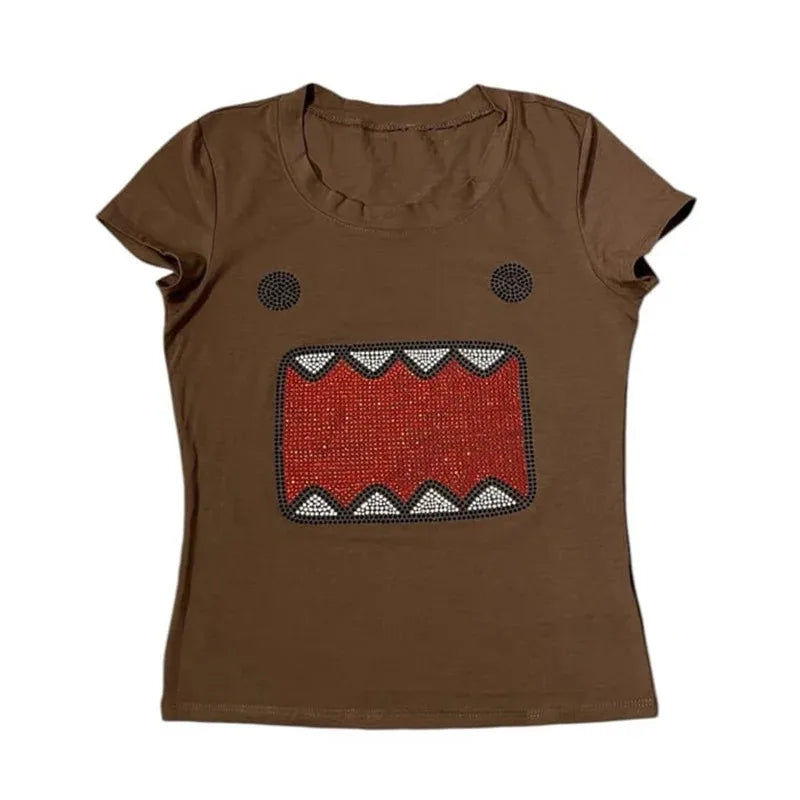 verano nueva mujer Y2K Chica Retro Hot Fix Diamantes de imitación Aplicación Cuello Redondo Top Camiseta Divertida Vintage Tama Jun Top