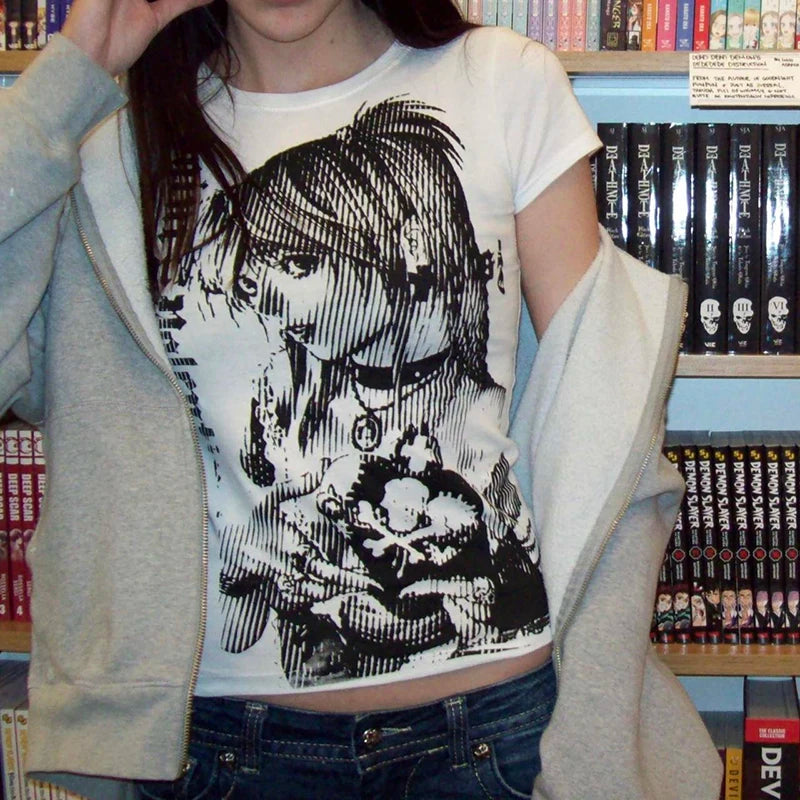 Y2K Anime 90s Print Crop Tee – Slim Fit Harajuku Streetwear Top for Women