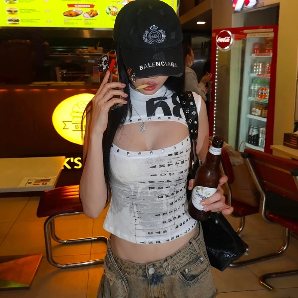 Chaleco ajustado calado con estampado de letras – Top sin mangas de estilo urbano con hombros descubiertos para mujer