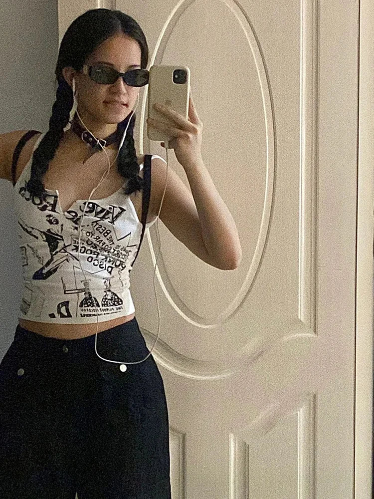 Top de tirantes de punto acanalado sin mangas con estampado punk E-Girl Y2K para mujer, ombliguera de los 2000, estilo hada grunge, camiseta hippie de los 90, moda coreana