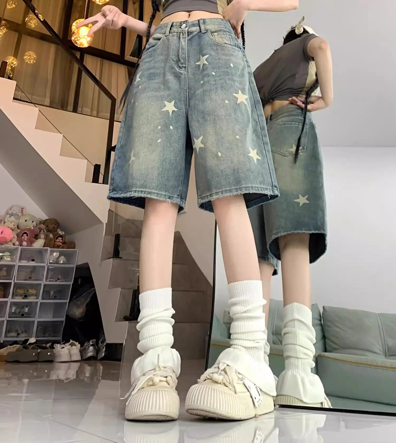 Y2K Floral Star Print Wide Leg Denim Shorts – Retro American Streetwear Jeans for Women - Gelubina