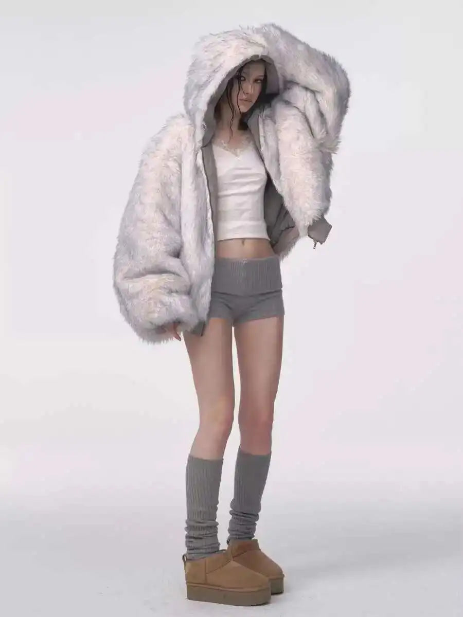 Oversized Plush Fur Coat – Gothic Harajuku Padded Hooded Winter Jacket for Women
