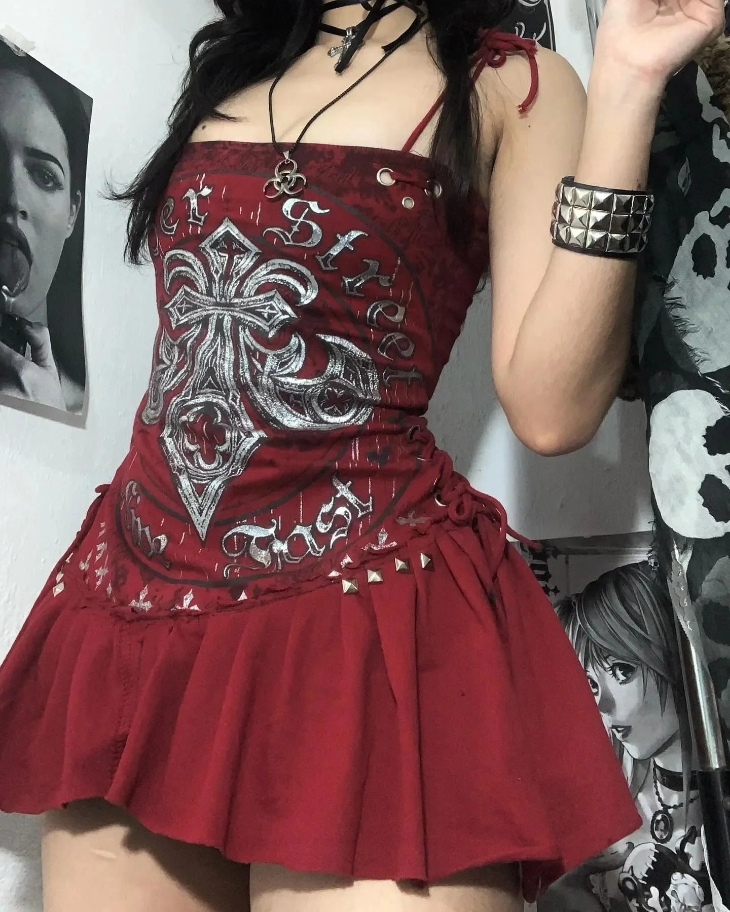 Y2K Gothic Bow Camisole Mini Dress – Slim A-Line Spaghetti Strap Dress for Women