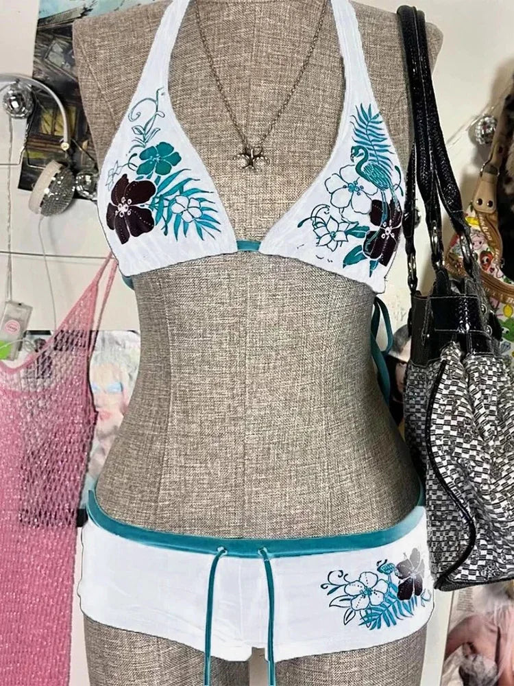 Y2K Vintage Floral Halter Bikini Set – 2000s Cutie Swimsuit Swimwear for Women