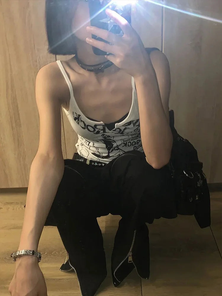 Y2K E-Girl Punk Print Ribbed Tank Top – Fairy Grunge Crop Top for Women