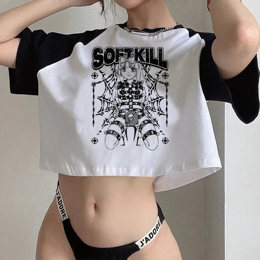Y2K Fairycore Cartoon Crop Tee – Goth Harajuku Slim Fit Streetwear Top for Women