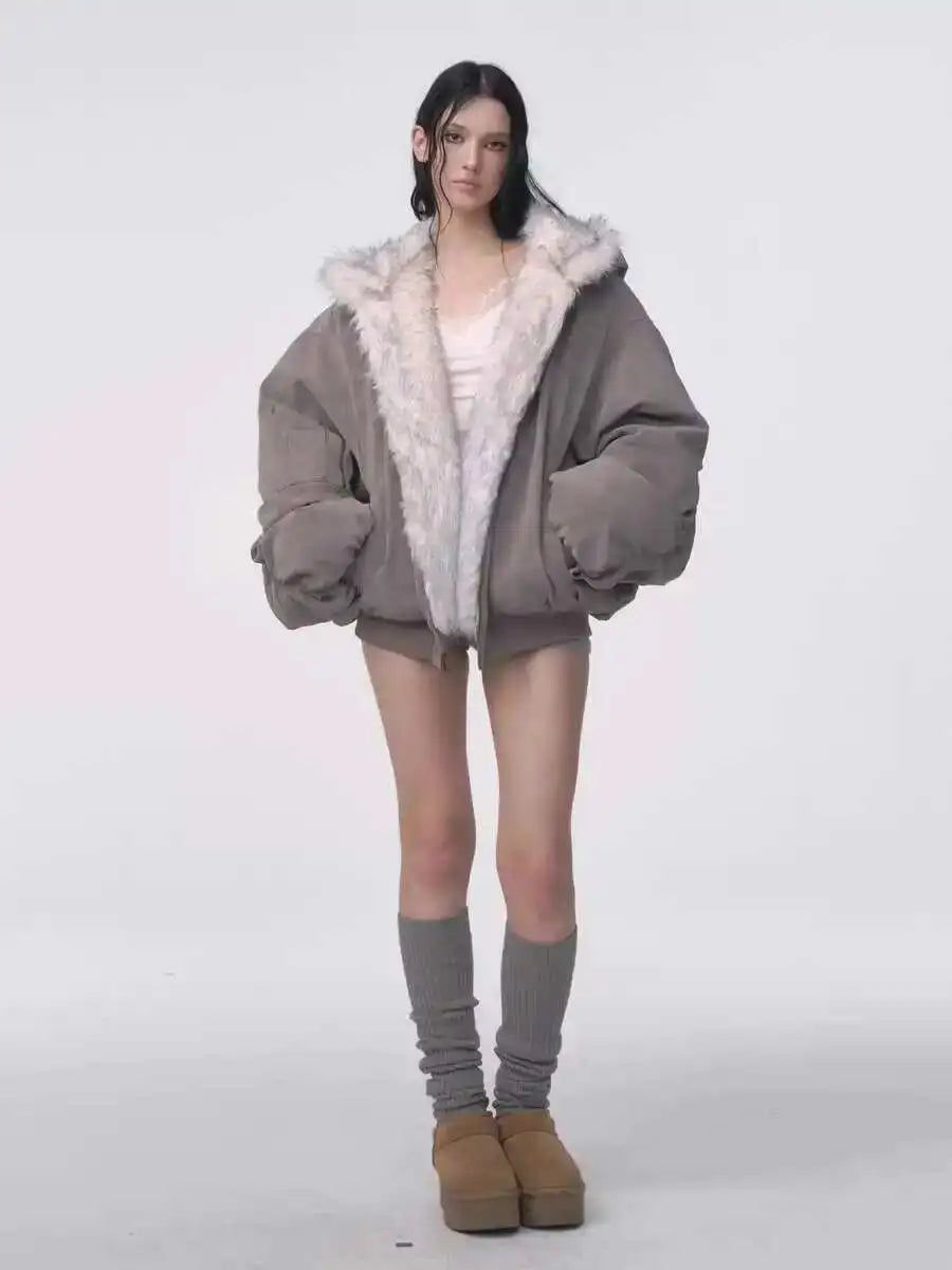 Oversized Plush Fur Coat – Gothic Harajuku Padded Hooded Winter Jacket for Women